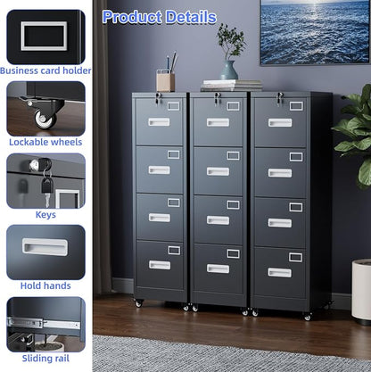 Aobabo 4 Drawer Metal File Cabinet with Lock and Wheels,Black | 15.7"D x 17.7"W x 53.2"H metal filing cabinet for letter/legal files and small office storage.