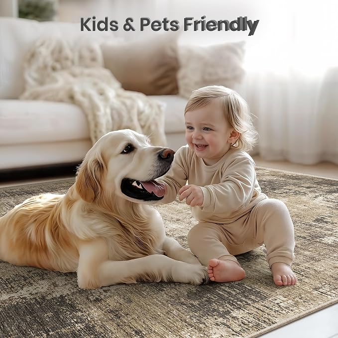 Valenrug Washable Rugs 5x8 - Stain Resistant 5x8 Area Rugs for Living Room, Non Slip Backing Abstract Rugs for Bedroom, Folable Machine Washable Area Rug(5'x8', Taupe)