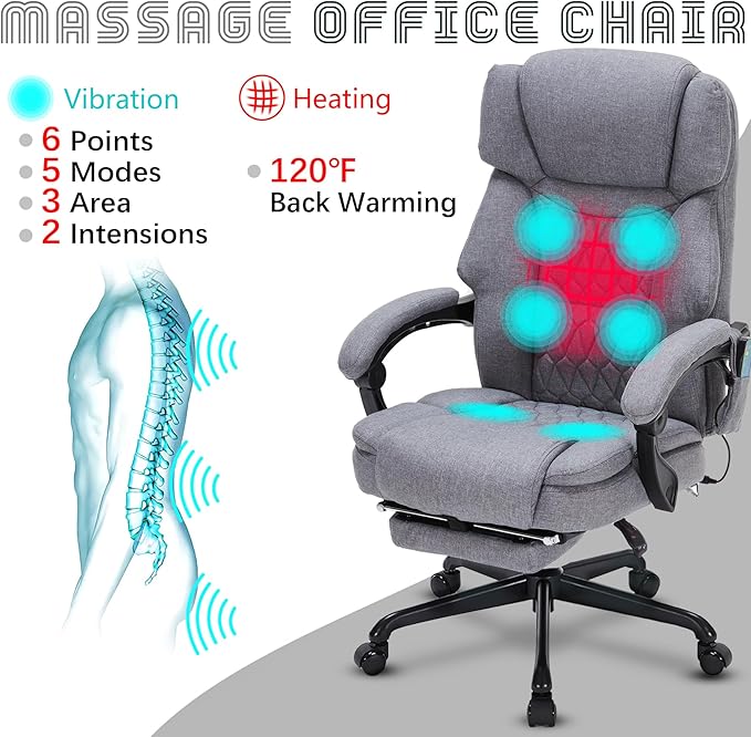 Massage Office Chair with Foot Rest 6 Points Vibration and Heat Home Office Desk Chairs for Heavy People 400lbs Reclining Managerial Chairs Ergonomic Executive Chair (Grey)