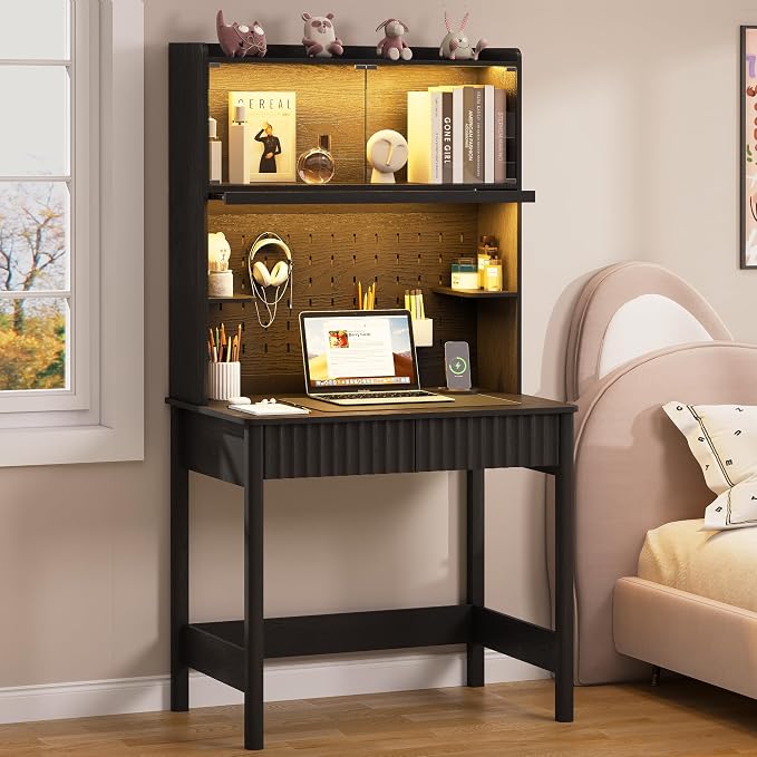 Lvifur 31.5" Small Natural Desk with - Glass Doors,Computer Desk w/Charging Station and LED Reading Lights,Compact Study Desk with Drawers,Writing Home Office Desks for Small Spaces Bedroom