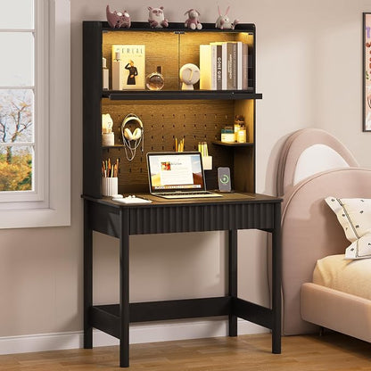 Lvifur 31.5" Small Natural Desk with - Glass Doors,Computer Desk w/Charging Station and LED Reading Lights,Compact Study Desk with Drawers,Writing Home Office Desks for Small Spaces Bedroom