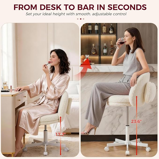 GTPLAYER Velvet Tall Office Chair with Wheels Vanity Chairs with Back, Versatile Height Use: Office to Bar Stools Small Ergonomic Comfy Armlees Computer Desk Chair with Bow Lumbar Pillow for Gift