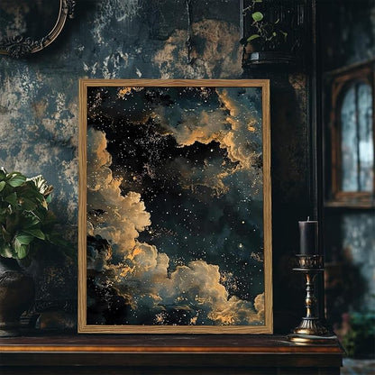Dark Academia Cloud Wall Art, Vintage Moody Celestial Canvas Wall Decor Paintings, Maximalist Gold Night Sky Stars Aesthetic Posters Prints Pictures for Living Room Bedroom Home Decor 12x16 In Framed