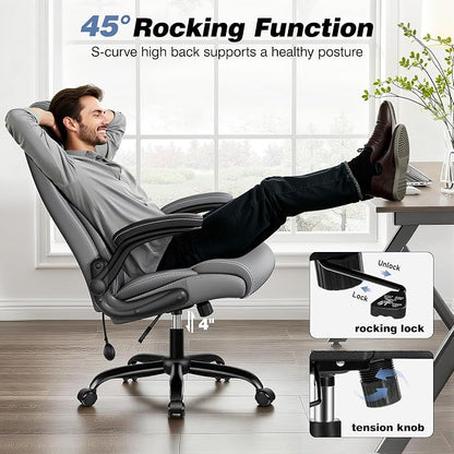 BESTFAIR Ergonomic Office Chair - Desk Computer Chair, Leather High Back Executive Chairs with Adjustable Lumbar Support & Flip Up Arms, Gray 6 Pack