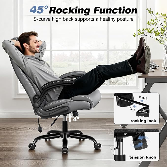 BESTFAIR Ergonomic Office Chair - Desk Computer Chair, Leather High Back Executive Chairs with Adjustable Lumbar Support for Adults, Rolling Swivel Tilt, Gray