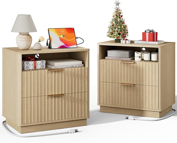 Fluted Nightstand, Night Stand Set 2, 23" Wide Nightstands Set of 2 with Charging Station, 2 Drawers Large End Table w/Storage, Modern Bedside Table for Bedroom, Curved Corners, Natural Oak