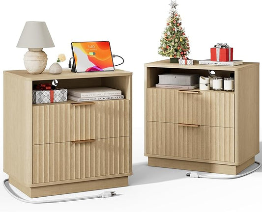 Fluted Nightstand, Night Stand Set 2, 23" Wide Nightstands Set of 2 with Charging Station, 2 Drawers Large End Table w/Storage, Modern Bedside Table for Bedroom, Curved Corners, Natural Oak