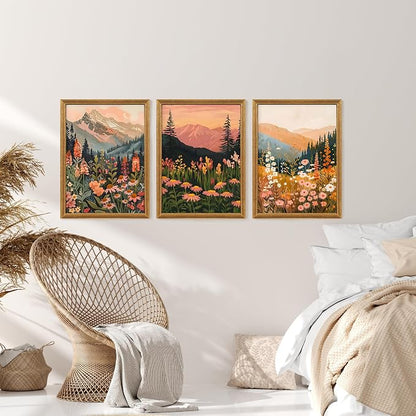 ICHZUMW Framed Boho Abstract Landscape Mountain and Floral Canvas Wall Art Set of 3, Colorful Nature Botanical Paintings Artwork, Large Wildflower Wall Decor for Living Room Bedroom Office, 12x16in