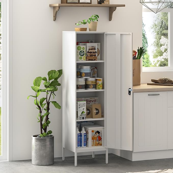 Metal Storage Cabinet 59" H Locker Storage Cabinet with Door and Adjustable Shelves for Home Office School Gym Garage Pantry (White)