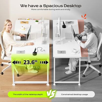 DurayLoly 47 x 24 inch Desk with RGB LED Lights & Power Outlets, Gaming Desk with Detachable Monitor Stand, 110LBS Load Capacity, Heavy Duty Small Computer Desk for Home Office, White