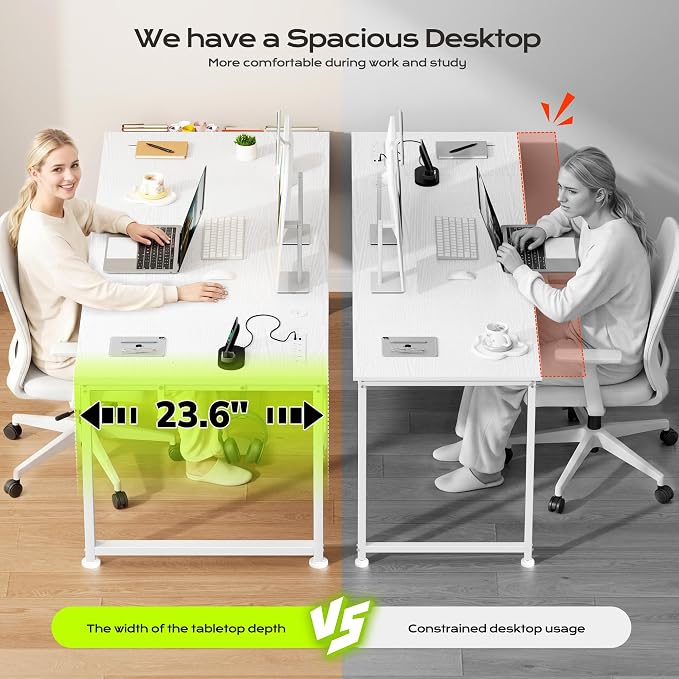 DurayLoly 63 x 24 inch Large Desk, 24mm Thick Heavy Duty Computer Desk with RGB LED & Power Outlets, Gaming Desk with Detachable Stand, Hooks & Storage Bag, 150LBS Load Capacity, White