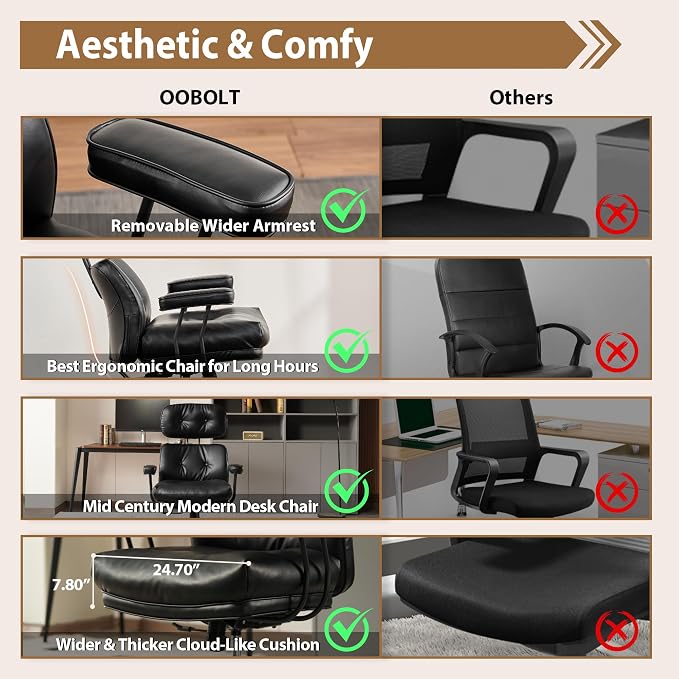 Home Office Chair,Ergonomic Computer Chair with Lumbar Support Adjustable Height,Mid-Century Modern Office Chair with Rolling Swivel Chair for Home Office Game Study(PU Leather Chair,Dark)