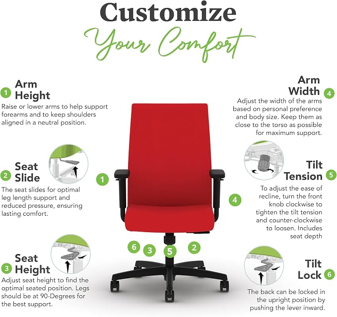 HON Ignition 2.0 Ergonomic Office Chair with Adjustable Arms, Standard Synchro‑Tilt Recline, Upholstered Desk and Computer Chair for Home Office or Workstation, Black Frame, Ruby