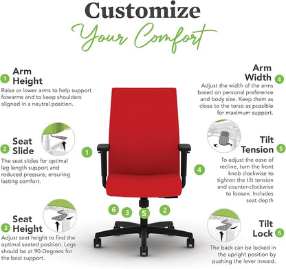 HON Ignition 2.0 Ergonomic Office Chair with Adjustable Arms, Standard Synchro‑Tilt Recline, Upholstered Desk and Computer Chair for Home Office or Workstation, Black Frame, Ruby