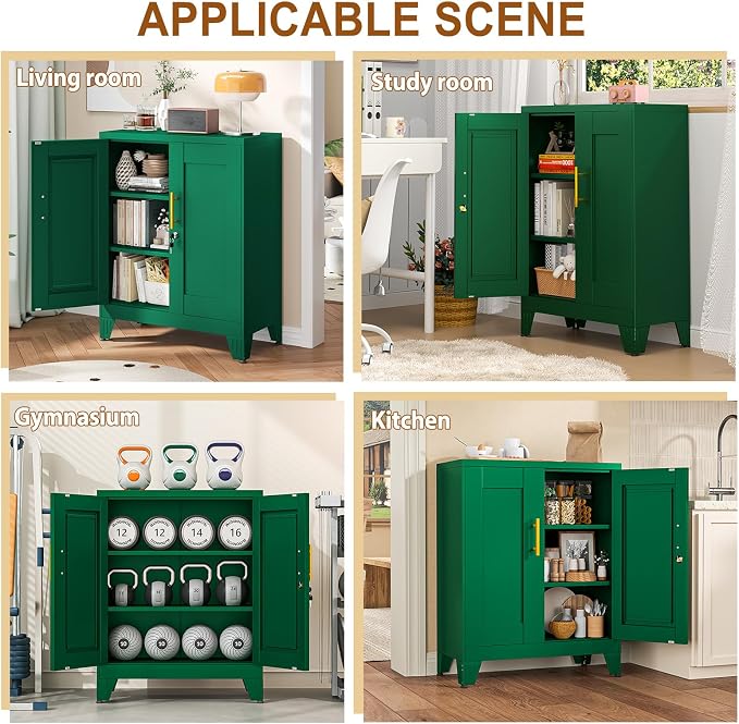 36" Metal Storage Cabinet with Lock,Steel Locker Organizer, Office File Cabinet with 2 Doors and 2 Adjustable Shelves,Outdoor Tool Garage Cabinets for Home Office,Gym,School,Warehouse(Green)