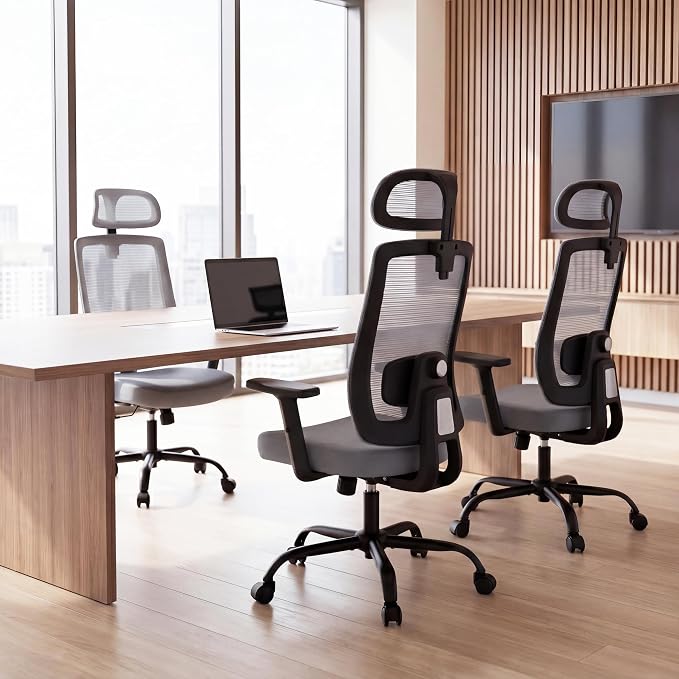 Ergonomic Office Chair, Office Desk Chair with High Back Mesh and Adjustable Lumbar Support, Rolling Work Chairs with Wheels and Adjustable Headrests, Wide Cushion, Grey
