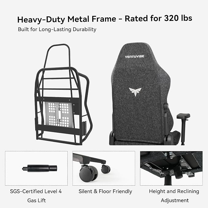 Gaming Chair - High Back Ergonomic Computer Chair with Lumbar Support, Video Game Chair-4D Adjustable Armrests,170° Reclining & 320lb Capacity,Fabric,Black