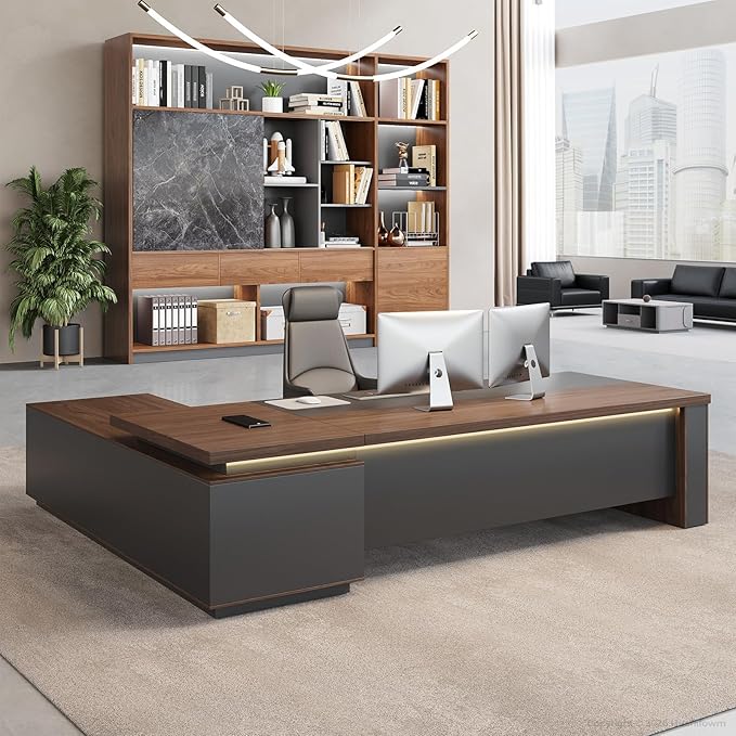 79" Reversible L-Shaped Executive Desk with Locking Drawers, Large Office Desk for Manager Office, Power Outlet, USB Ports, Storage Shelves, Privacy Panel and LED Light, Walnut Gray