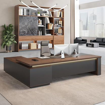 79" Reversible L-Shaped Executive Desk with Locking Drawers, Large Office Desk for Manager Office, Power Outlet, USB Ports, Storage Shelves, Privacy Panel and LED Light, Walnut Gray