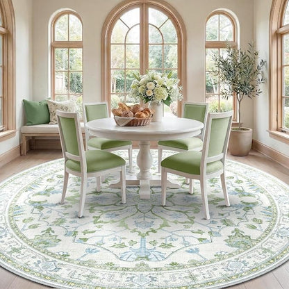 RELEANY Area Rugs Round 8ft Washable Non-Slip, Floral Vintage Distress Medallion Carpet for Living Room Bedroom Dining Room, Green White Blue