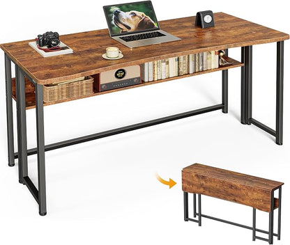 Huuger Folding Desk with Storage Shelf, 47.2 Inch Foldable Computer Table for Small Spaces, Space Saving Sofa Table for Couch, Writing Work Office Computer Desk, Easy to Fold, Rustic Brown