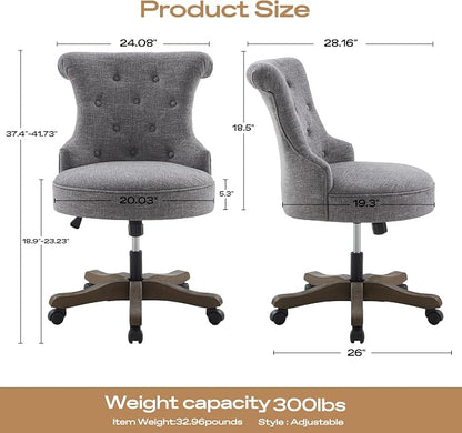 HUIMO Home Office Chair Upholstered Armless Desk Chair with Wheels Adjustable Height Computer Desk Chair with Wooden Legs Linen Fabric Comfortable Swivel Chairs for Home Office Study Studio (Grey)