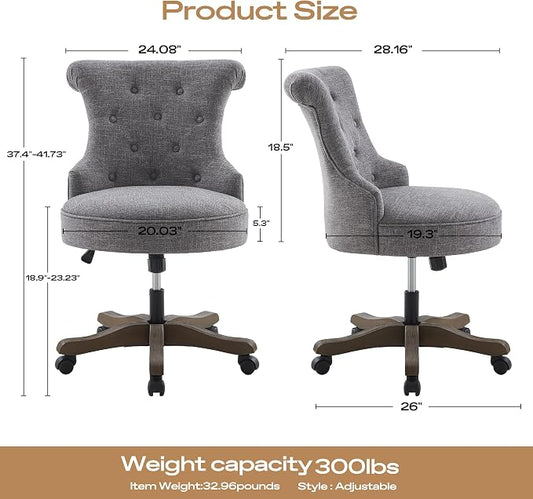 HUIMO Home Office Chair Upholstered Armless Desk Chair with Wheels Adjustable Height Computer Desk Chair with Wooden Legs Linen Fabric Comfortable Swivel Chairs for Home Office Study Studio (Grey)