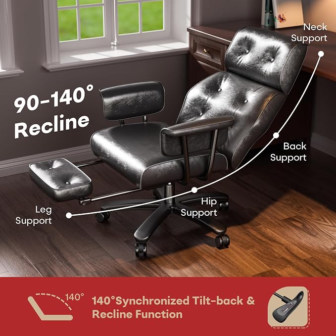 SeekFancy Reclining Criss Cross Office Chair with Wheels & Arms, Black | Button-tufted PU leather; retractable footrest; 400 lbs capacity; 10% thickened wide cushion; retro executive design.