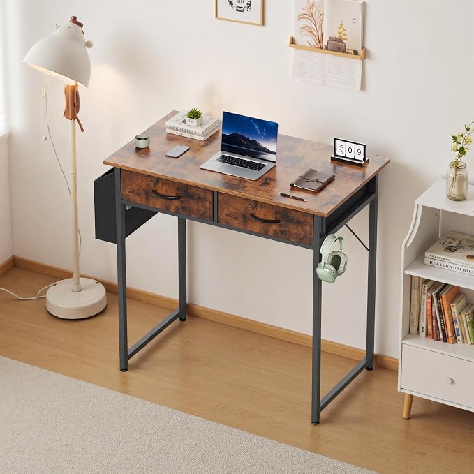 OLIXIS 32 Inch Small Desk with Fabric Drawers for Home Office, Gaming Computer Desk with Side Bag, Headphone Hook Writing Study Work Table for Bedroom Small Sapce, Brown