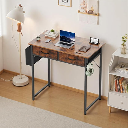 OLIXIS 32 Inch Small Desk with Fabric Drawers for Home Office, Gaming Computer Desk with Side Bag, Headphone Hook Writing Study Work Table for Bedroom Small Sapce, Brown