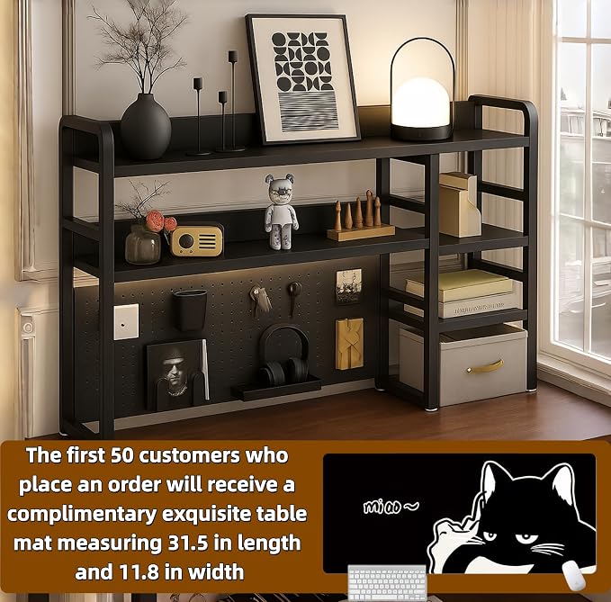 Desktop Bookshelf, pegboard Storage and Organization Rack, Dorm Desk Shelf, Desk Hutch, Desktop Storage for Office, Study, Student Display Rack,Desktop Shelves (Black 53.1" Lx9.9 Wx37 H)