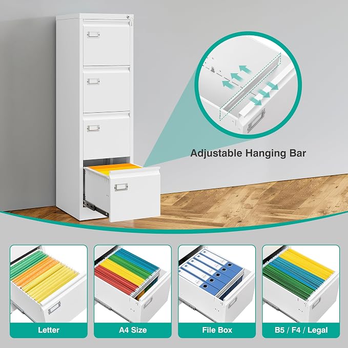 SISESOL 4 Drawer File Cabinet with Lock and Tag,White Vertical File Cabinet,Narrow Locking Filing Cabinets with Drawers,Metal Filing Storage for Home Office Fit A4 Legal/Letter Size