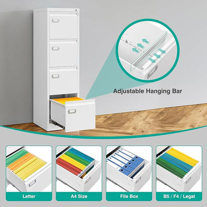 SISESOL 4 Drawer File Cabinet with Lock and Tag,White Vertical File Cabinet,Narrow Locking Filing Cabinets with Drawers,Metal Filing Storage for Home Office Fit A4 Legal/Letter Size