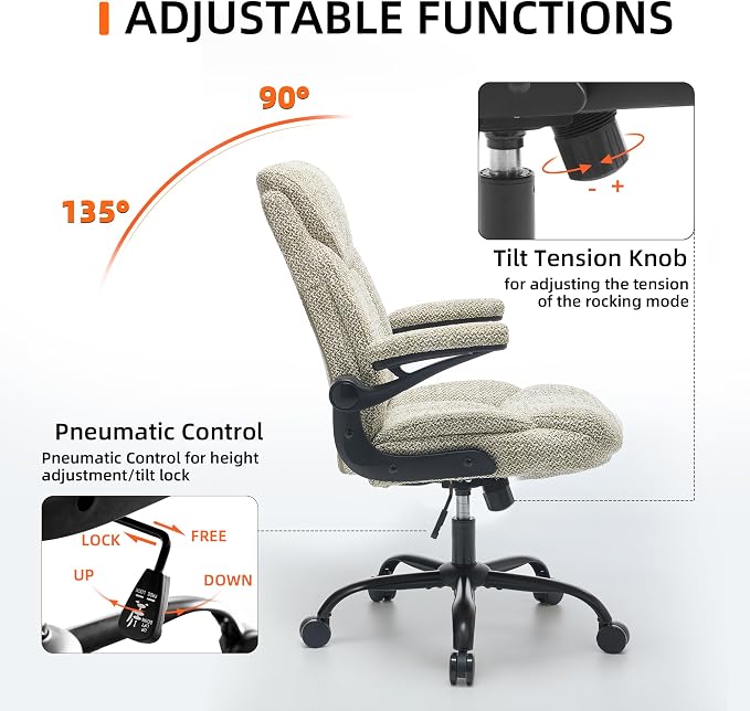 Home Office Ergonomic Desk Chair - Comfy Fabric Executive Chair with Flip-Up Armrests, Height Adjustable Computer Chair for Gaming, 360° Swivel & Rocking (Mint Green)