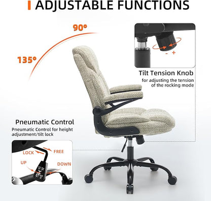 Home Office Ergonomic Desk Chair - Comfy Fabric Executive Chair with Flip-Up Armrests, Height Adjustable Computer Chair for Gaming, 360° Swivel & Rocking (Mint Green)
