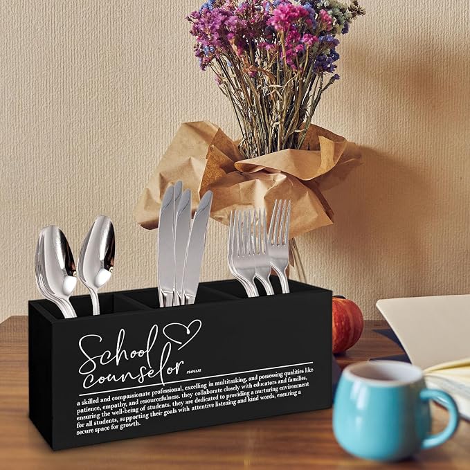 School Counselor Gifts Black Wooden Pen Pencil Holder for Desk, Appreciation Gifts for School Counselor Wood Makeup Brush Toothbrush Holder Organizer for Guidance Counseling Office