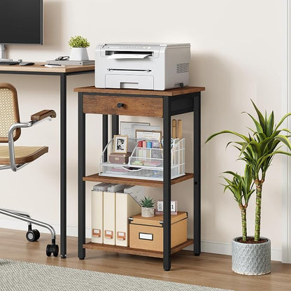 Gewudraw Printer Stand with Storage Drawer, 3-Tier Under Desk Printer Table, End Table for Home Office, Living Room, Bedroom, Brown
