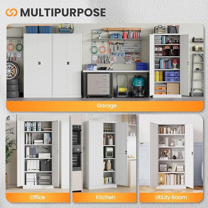 Metal Garage Storage Cabinets with Lock, 71" Tall Tool Cabinet with 2 Door and 4 Adjustable Shelves, Locking Garage Cabinets and Lockable Steel Locker for Home Office Warehouse - (White-71”H)
