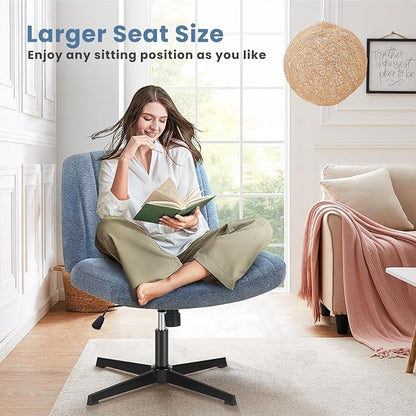 DUMOS Criss Cross Chair No Wheels Legged Office Wide Comfy Desk Vanity Chair, Armless Computer Task Seating, Swivel Home Height Adjustable for Bedroom, Study, Blue Fabric