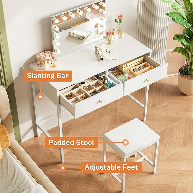 SUPERJARE 31.5" White Desk with 2 Drawers, Modern Makeup Vanity with Padded Stool, Small Computer Desk Home Office Desk for Writing Study Bedroom