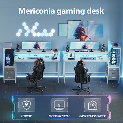 Mericonia 68 inch Gaming Desk with LED Lights & Power Outlets, Reversible Computer Desk with Storage Drawers & Monitor Stand, Large Gaming Table for Home Office
