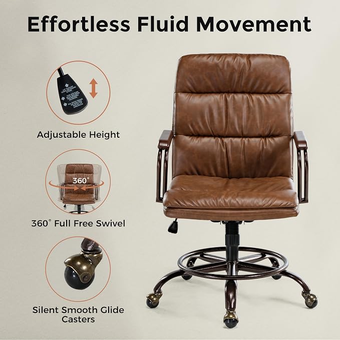 EUREKA ERGONOMIC Mid-Century Vintage Office Chair, Faux Leather Executive Desk Chair with Unique Ball Casters and Fixed Footrest Ring, Brown Retro Swivel Chair for Home Office and Study, Brown