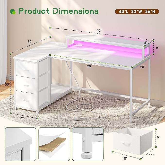EnHomee L Shaped Gaming Desk with 3 Drawers & Power Outlet, 40Inch White Computer Desk with LED Lights Reversible Office Desk with Monitor Stand for Gaming,Study Room,Home Office,Bedroom,White