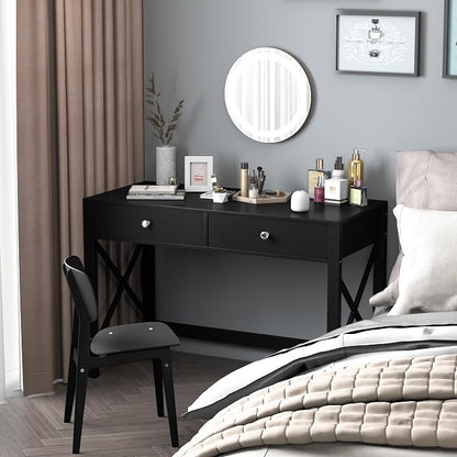 WiberWi Home Office Desk with Drawers, Modern Writing Computer Desk for Bedroom, Small Makeup Vanity Table Study Table for Home Office,Black