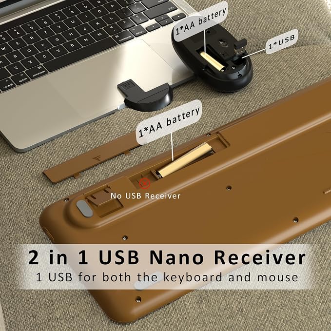 Retro Wireless Keyboard and Mouse Combo with Wrist Rest - Aesthetic Typewriter Style, Full-Size Clicky Tactile Floating Round Keys, 2.4GHz Ergonomic Set for Mac, Windows(Coffee Color)