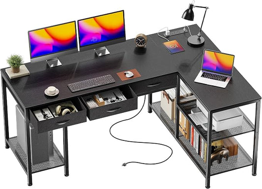 PRAISUN 55 Inch L Shaped Office Desk with Power Outlets and Type-C Port, Large Computer Gaming Desk with 3 Fabric Drawers, Mesh Shelves, Corner Study Work Writing Desk, Black