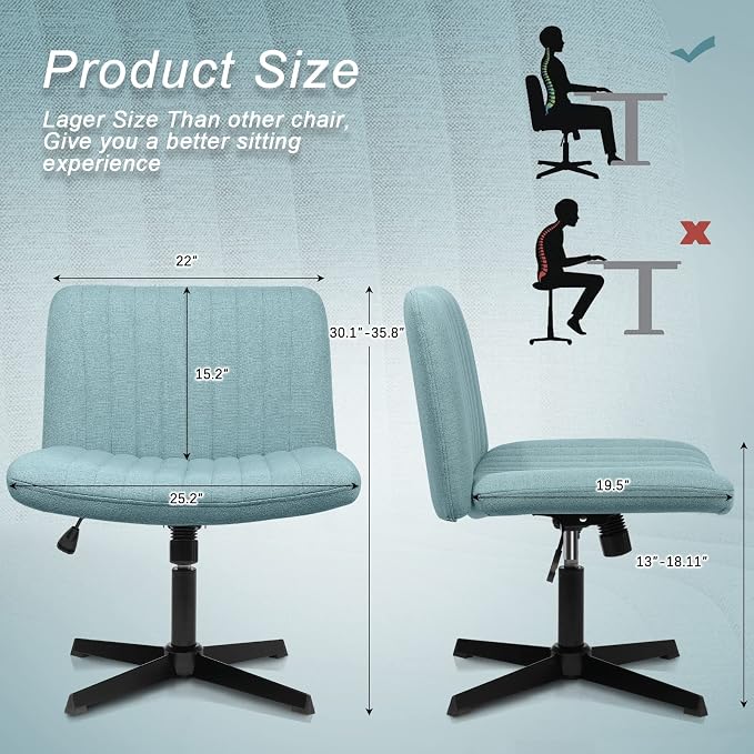 LEMBERI Fabric Padded Desk Chair No Wheels, Armless Wide Swivel Home Office Desk Chair,120°Rocking Mid Back Ergonomic Computer Task Vanity Chair for Office, Home, Make Up,Small Space, Bed Room