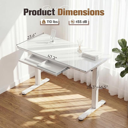 YESHOMY Electric Standing Desk with Tempered Glass Top, 47.2" Height Adjustable Desk with Partitioned Drawer & USB/Type-C Ports, Sit Stand Desk for Home Office, White