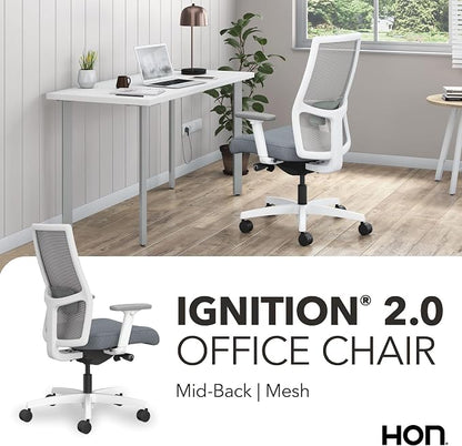 HON Ignition 2.0 Mid‑Back Ergonomic Office Chair with Lumbar Support, Advanced Synchro‑Tilt, Adjustable Arms, Mesh Desk Chair for Home Office, White Frame, Fog