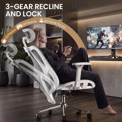 naspaluro Ergonomic Office Chair Mesh Desk Chair with Adjustable Headrest Lumbar Support 3D Armrest 90-135° Reclining Chairs for Home Office, Study, Work & Gaming (Grey)